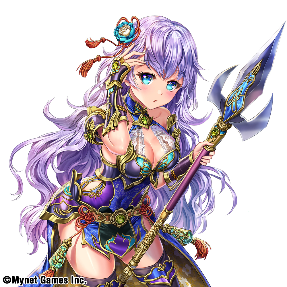 1girl blue_eyes blush bracer breasts cleavage company_name esphy fantasy flower hair_flower hair_ornament hand_up holding_polearm large_breasts long_hair looking_at_viewer official_art polearm purple_hair sangoku_infinity side_cutout simple_background solo thigh-highs trident weapon white_background
