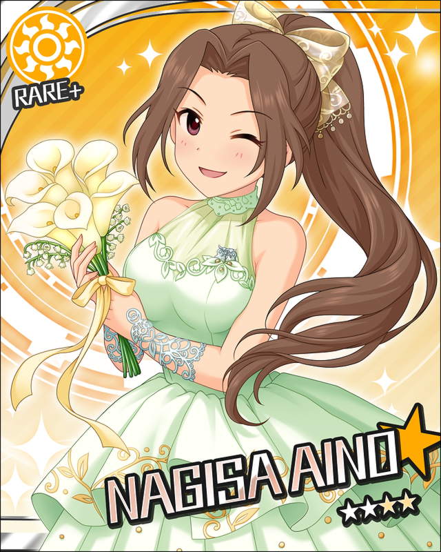 aino_nagisa blush brown_eyes brown_hair character_name dress idolmaster idolmaster_cinderella_girls long_hair ponytail smile stars wink