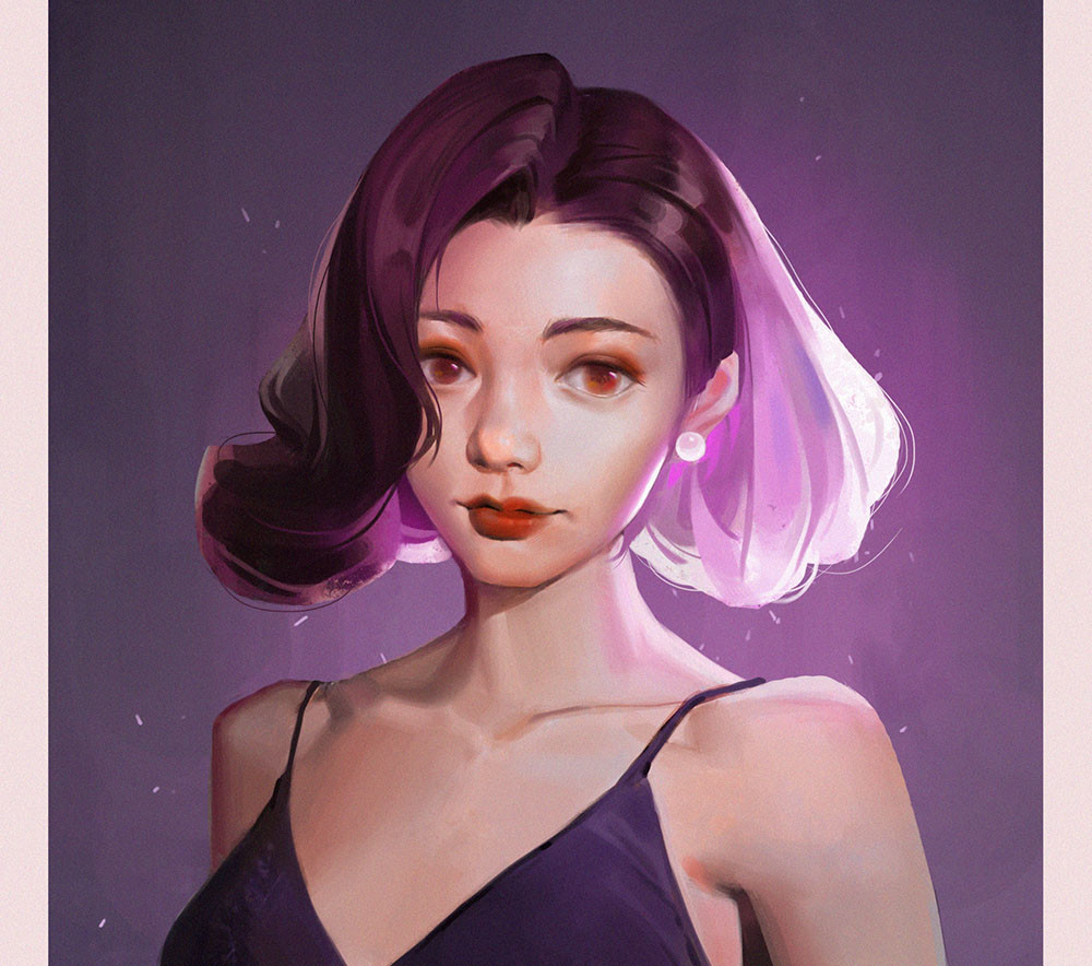 1girl collarbone commentary dress lips lipstick looking_at_viewer makeup nose original pearl_earrings pillarboxed purple_background purple_dress purple_hair red_eyes red_lipstick roogi_tz sleeveless sleeveless_dress solo upper_body white_earrings