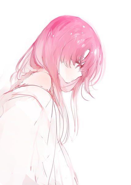 1girl bangs commentary copyright_request from_side long_hair looking_down lpip monochrome pale_color pink profile simple_background solo symbol_commentary white_background