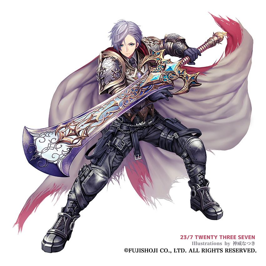 1boy 23/7 armor artist_name belt black_gloves boots cape chains company_name copyright_name dagger fighting_stance full_body gauntlets gloves knee_pads looking_at_viewer male_focus n_kamui official_art pouch solo standing sword weapon white_hair