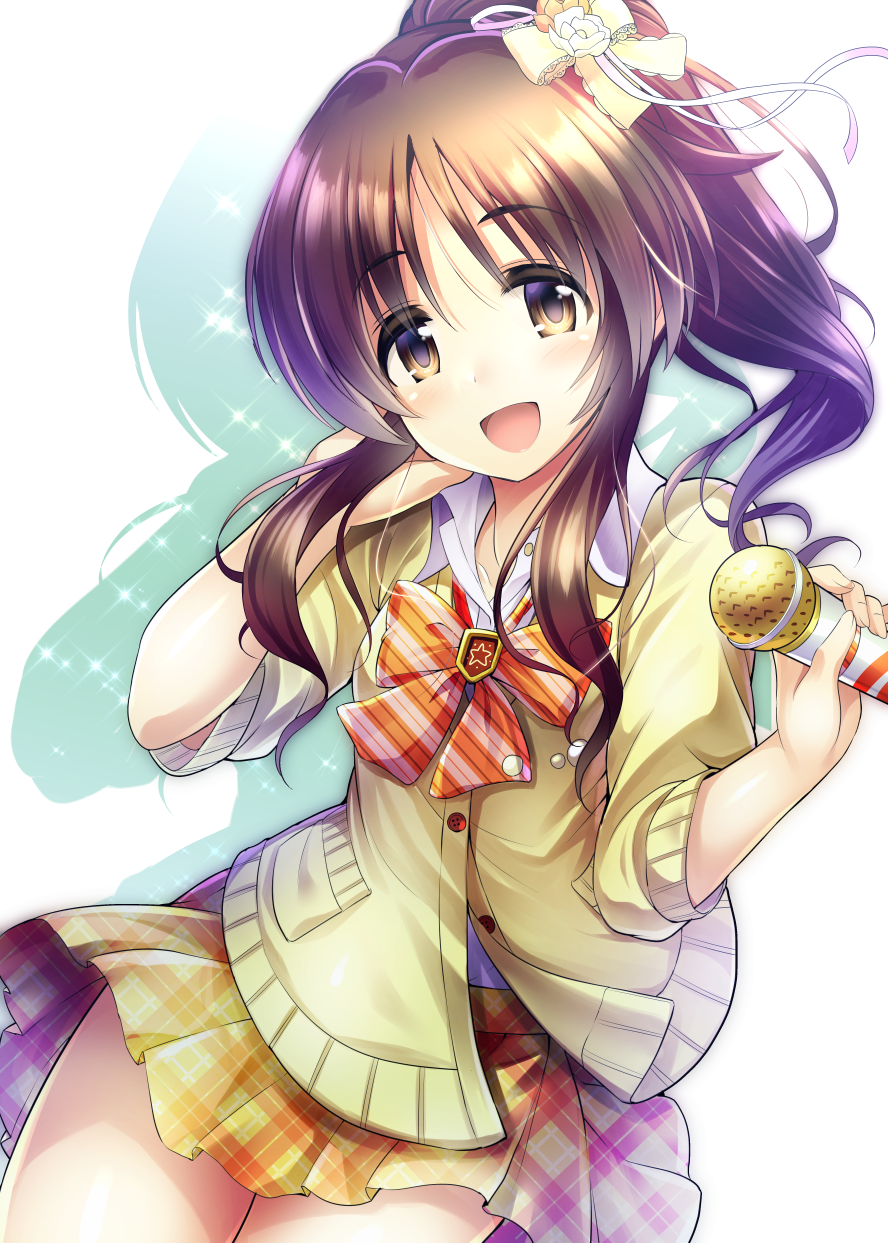 1girl :d bow bowtie brown_eyes brown_hair cowboy_shot dress_shirt eyebrows_visible_through_hair floating_hair hair_bow hand_in_hair head_tilt highres holding holding_microphone idolmaster idolmaster_cinderella_girls long_hair looking_at_viewer ment microphone miniskirt open_mouth pleated_skirt ponytail school_uniform shirt sidelocks skirt smile solo striped striped_bow takamori_aiko white_shirt yellow_cardigan yellow_skirt