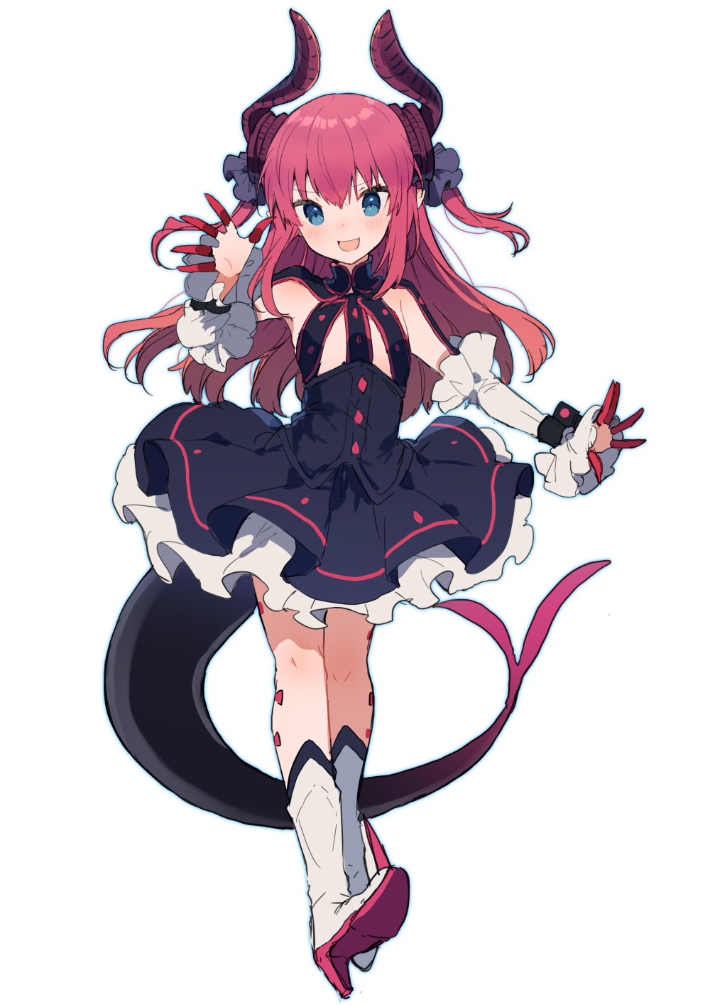 1girl asymmetrical_horns blue_eyes claws curled_horns detached_sleeves dragon_girl dragon_horns dragon_tail dress elizabeth_bathory_(fate) elizabeth_bathory_(fate)_(all) fate/extra fate/extra_ccc fate_(series) flat_chest full_body highres horns ikeuchi_tanuma long_hair looking_at_viewer pink_hair plaid plaid_skirt pointy_ears simple_background skirt solo tail waving white_background