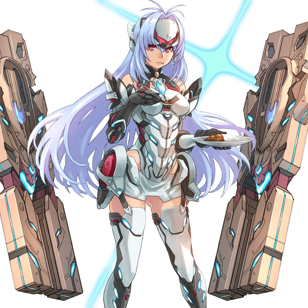 1girl android bare_shoulders blue_hair breasts cyborg elbow_gloves expressionless forehead_protector gloves goo_goo789 gun kos-mos kos-mos_re: large_breasts leotard long_hair looking_at_viewer nintendo red_eyes solo standing thigh-highs very_long_hair weapon weapong white_leotard xenoblade_(series) xenoblade_2 xenosaga