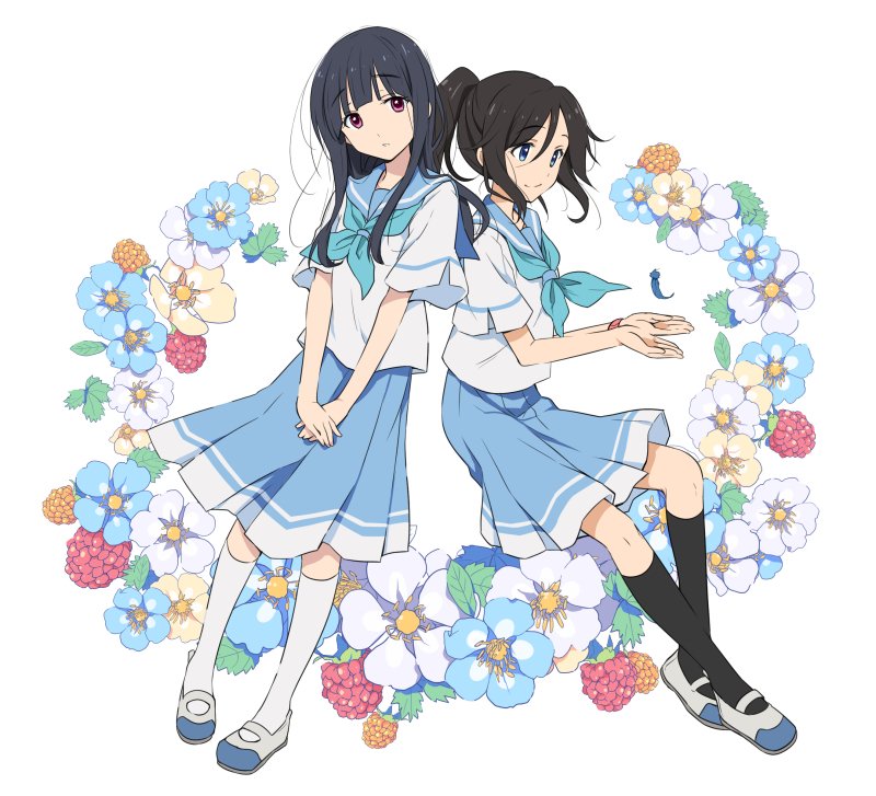 2girls black_hair black_legwear blue_eyes blue_sailor_collar commentary_request feathers flower full_body hibike!_euphonium kasaki_nozomi kneehighs liz_to_aoi_tori long_hair multiple_girls neckerchief odawara_hakone ponytail sailor_collar school_uniform serafuku violet_eyes white_background white_legwear yoroizuka_mizore