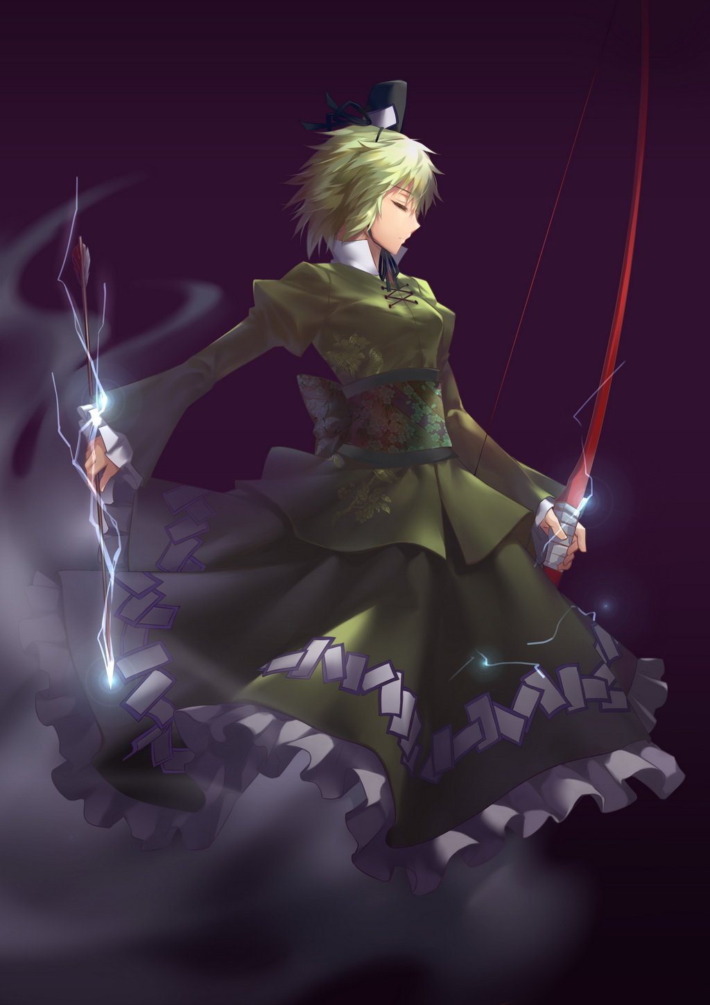 1girl arrow bangs black_hat bow_(weapon) breasts closed_eyes closed_mouth commentary_request dress electricity eyebrows_visible_through_hair floral_print frilled_dress frilled_sleeves frills from_side ghost_tail gradient gradient_background green_dress green_hair hat highres holding holding_bow_(weapon) holding_weapon juliet_sleeves langlang layered_dress long_sleeves obi puffy_sleeves purple_background sash short_hair small_breasts soga_no_tojiko solo tate_eboshi touhou weapon