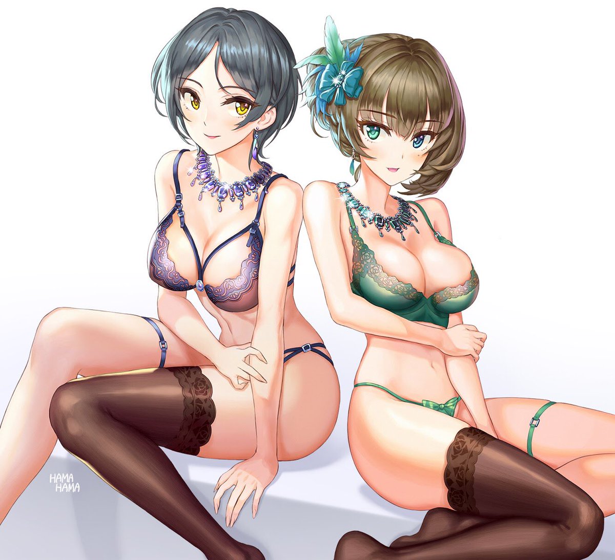 1girl bangs bare_shoulders black_hair blue_bra blue_eyes blue_panties blush bow bra breasts brown_hair cleavage closed_mouth collarbone earrings emerald eyelashes feathers green_bra green_eyes green_panties hair_bow hair_feathers hayami_kanade heterochromia hhama hips idolmaster idolmaster_cinderella_girls jewelry large_breasts legs looking_at_viewer mole mole_under_eye mysterious_eyes_(idolmaster) navel necklace panties parted_bangs pretty_liar_(idolmaster) sapphire_(stone) short_hair simple_background single_thighhigh sitting smile takagaki_kaede thigh-highs thigh_strap thighs tied_hair underwear waist white_background yellow_eyes