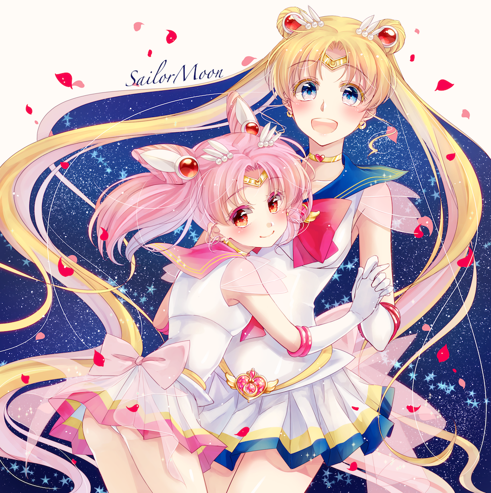 2girls 916200 :d bishoujo_senshi_sailor_moon blonde_hair blue_eyes bow character_name choker collarbone copyright_name double_bun earrings elbow_gloves eyebrows_visible_through_hair floating_hair gloves hair_ornament hand_holding head_tilt headpiece interlocked_fingers jewelry long_hair looking_at_viewer miniskirt multiple_girls open_mouth panties pantyshot pantyshot_(standing) pink_bow pleated_skirt red_eyes sailor_chibi_moon sailor_collar sailor_moon shirt skirt sleeveless sleeveless_shirt smile standing twintails underwear very_long_hair white_gloves white_panties white_shirt white_skirt