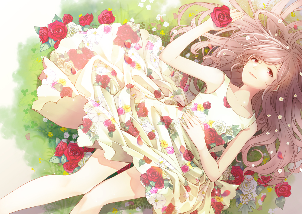 1girl bare_arms bare_legs bare_shoulders dress dutch_angle floral_print flower gradient grass hair_flower hair_ornament hand_on_own_chest happy leaf light_brown_hair light_smile long_sleeves looking_at_viewer lying on_back original petals pink_flower pink_rose plant red_eyes retsuna rose skirt skirt_lift sleeveless sleeveless_dress smile solo white_dress white_flower white_rose yellow_flower