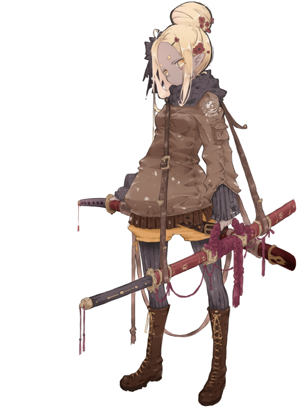 1girl ahoge bangs belt blonde_hair boots breasts brown_footwear brown_jacket commentary_request cross-laced_footwear emblem flower forehead full_body grey_skin hair_bun hair_flower hair_ornament hairclip head_tilt holding holding_sword holding_weapon jacket katana kona_(konahana) long_sleeves looking_at_viewer original pantyhose parted_bangs pointy_ears scarf sheath sheathed short_hair shorts sidelocks simple_background small_breasts solo standing striped striped_legwear sword thick_eyebrows vertical-striped_legwear vertical_stripes weapon white_background yellow_eyes