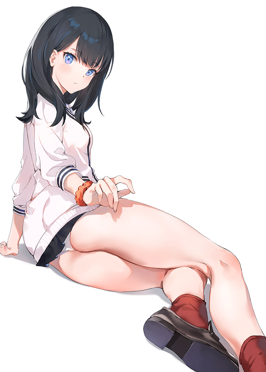 1girl ass black_hair blue_eyes blush cardigan closed_mouth highres loafers looking_at_viewer panties red_legwear school_uniform scrunchie shoes simple_background sitting socks solo ssss.gridman takarada_rikka thighs tsurime underwear white_background white_panties wrist_scrunchie yokozuwari yumaomi