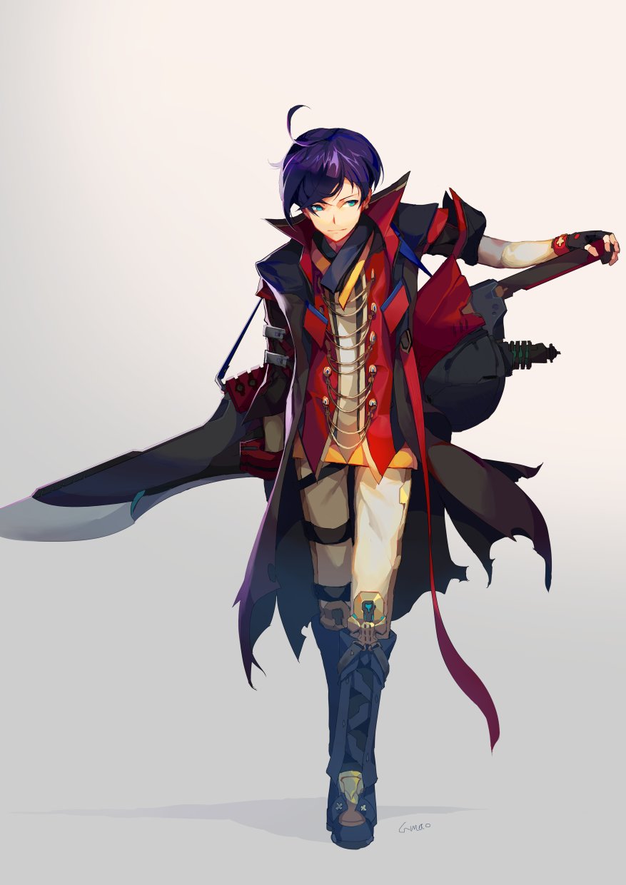1boy blue_eyes boots bracelet closed_mouth gloves god_eater golimao highres jewelry male_focus purple_hair short_hair signature solo strap sword torn_clothes weapon weapon_on_back