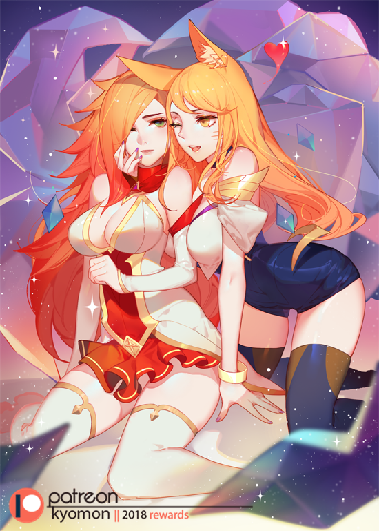 2girls ahri animal_ears bare_shoulders between_breasts blonde_hair breasts cleavage elbow_gloves fox_ears frilled_skirt frills gloves green_eyes hair_over_one_eye heart k/da-ahri kneeling league_of_legends long_hair medium_breasts multiple_girls open_mouth redhead sarah_fortune seiza sitting skirt songjikyo star_guardian_miss_fortune thigh-highs very_long_hair whisker_markings yellow_eyes