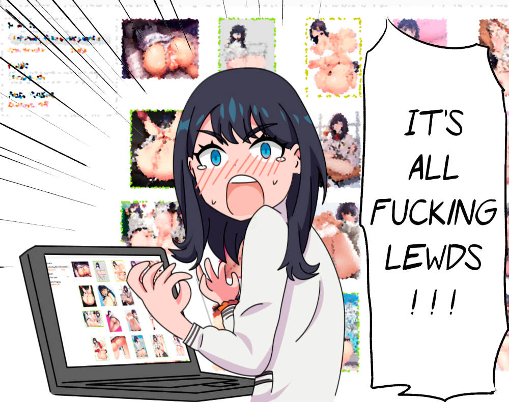 1girl bangs black_hair blue_eyes blurry blurry_background blush cardigan commentary computer english english_commentary laptop long_hair looking_at_viewer looking_back maximilian-destroyer nose_blush orange_scrunchie scrunchie shouting solo ssss.gridman sweater takarada_rikka tears white_sweater
