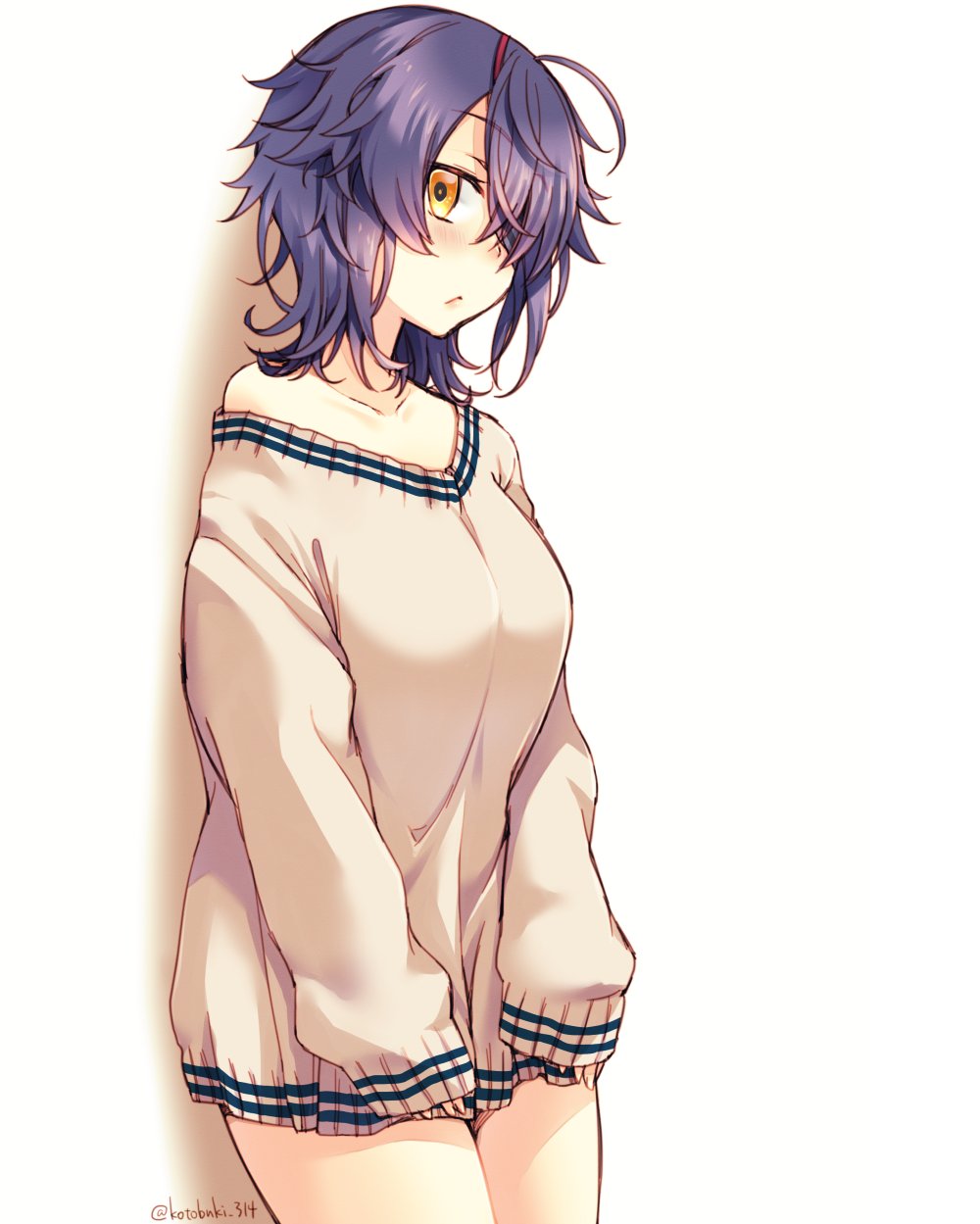 1girl :&lt; artist_name blush breasts closed_mouth collarbone expressionless eyebrows_visible_through_hair eyepatch hair_over_one_eye highres kantai_collection kotobuki_(momoko_factory) large_breasts long_sleeves purple_hair short_hair simple_background sleeves_past_wrists solo sweater tenryuu_(kantai_collection) twitter_username upper_body white_background yellow_eyes