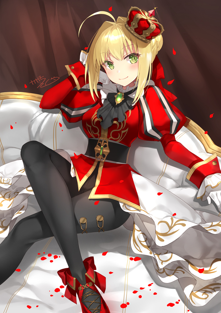 1girl ahoge arm_up bangs black_pants blonde_hair blush braid breasts brooch closed_mouth commentary_request couch crown fate/extella fate/extra fate_(series) green_eyes hair_bun hair_intakes head_tilt jacket jewelry juliet_sleeves kagachi_saku legs_crossed long_sleeves medium_breasts mini_crown nero_claudius_(fate) nero_claudius_(fate)_(all) on_couch pants pantyhose petals puffy_sleeves red_jacket sidelocks signature sitting smile solo tilted_headwear
