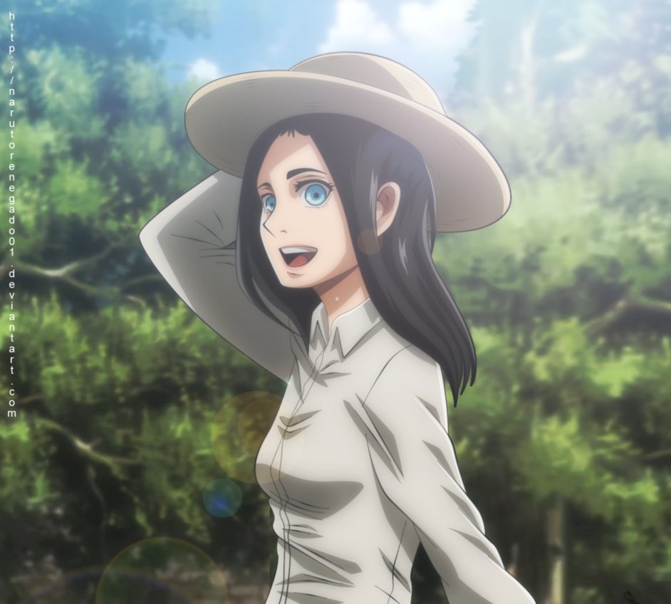 1girl black_hair blue_eyes breasts fake_screenshot frieda_reiss green_background happy hat long_hair long_sleeves medium_breasts official_style open_mouth shingeki_no_kyojin smile solo solo_focus upper_body