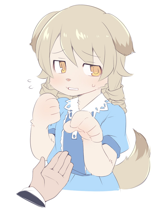 1girl animal_ears bangs blue_dress blush brown_eyes dog_ears dog_girl dog_tail dress eyebrows_visible_through_hair flying_sweatdrops fur furrification furry hair_between_eyes hands_up idolmaster idolmaster_cinderella_girls light_brown_hair long_hair morikubo_nono out_of_frame parted_lips paws puffy_short_sleeves puffy_sleeves ringlets short_sleeves simple_background solo_focus sweat tail upper_body ushi white_background