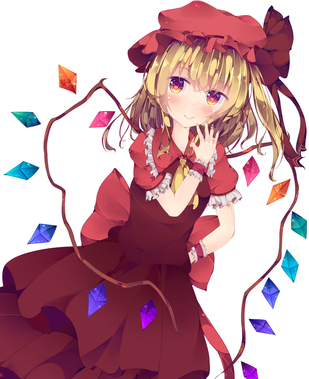 1girl ascot blonde_hair blush dress fant flandre_scarlet frills hand_on_hip hand_up hat highres looking_at_viewer mob_cap red_dress red_eyes red_hat short_sleeves side_ponytail smile solo standing touhou white_background wings wristband yellow_neckwear