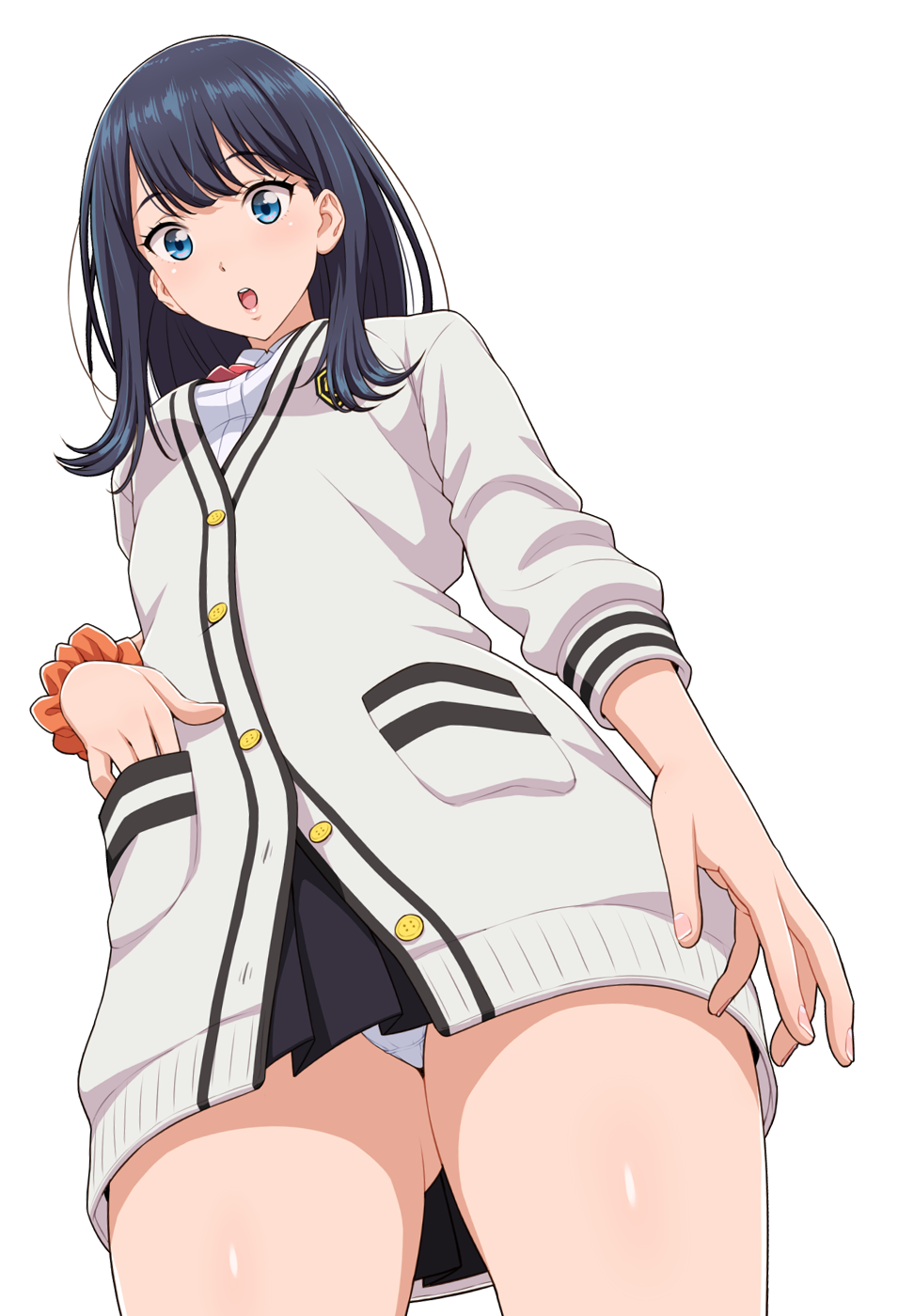 1girl bangs black_hair black_skirt blue_eyes blush cardigan eyebrows_visible_through_hair from_below hand_in_pocket highres long_hair long_sleeves looking_at_viewer looking_down microskirt nigou open_mouth orange_scrunchie panties pantyshot pantyshot_(standing) pleated_skirt school_uniform scrunchie shirt skirt solo ssss.gridman standing sweater takarada_rikka thighs underwear upskirt white_cardigan white_panties white_shirt white_sweater wrist_scrunchie