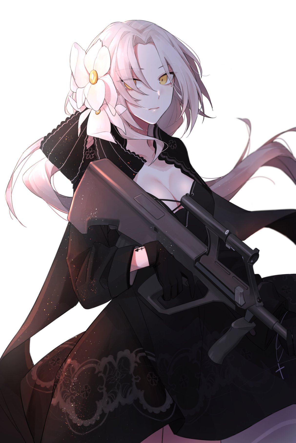 1girl assault_rifle bangs black_dress breasts bullpup cleavage closed_mouth collarbone cowboy_shot dress expressionless floating_hair flower girls_frontline gloves gun hair_between_eyes hair_flower hair_ornament hair_ribbon highres holding holding_gun holding_weapon jacket light_particles long_hair looking_at_viewer low_ponytail mole mole_under_eye orange_eyes ponytail qb_516 ribbon rifle sidelocks simple_background solo steyr_aug steyr_aug_(girls_frontline) trigger_discipline vertical_foregrip weapon white_background