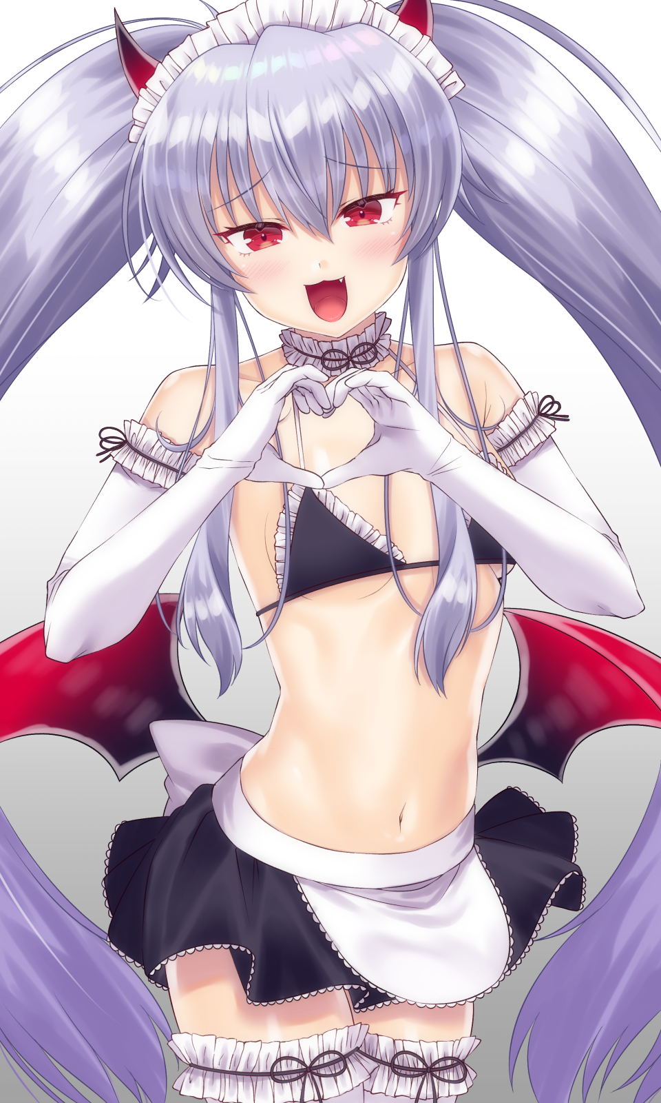 1girl :d apron bangs bare_shoulders bikini_top black_bikini_top black_skirt black_wings blush breasts collarbone commentary_request demon_horns demon_wings elbow_gloves evo_grim eyebrows_visible_through_hair fang frilled_bikini_top frilled_gloves frilled_legwear frills gloves gradient gradient_background gradient_wings grey_background grim_aloe hair_between_eyes head_tilt heart heart_hands highres honami_(yths4221) horns long_hair looking_at_viewer low_wings maid maid_headdress multicolored multicolored_wings navel open_mouth quiz_magic_academy quiz_magic_academy_the_world_evolve red_eyes red_wings sidelocks silver_hair skirt small_breasts smile solo thigh-highs twintails very_long_hair waist_apron white_apron white_background white_gloves white_legwear wings