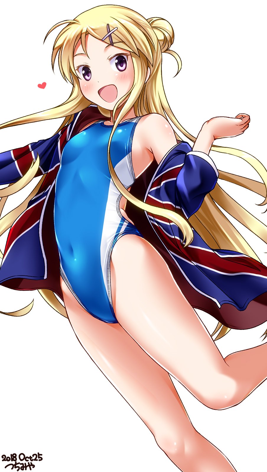1girl arched_back armpits arms_at_sides bare_legs blonde_hair blush breasts commentary_request competition_swimsuit covered_navel cowboy_shot dated hair_bun hair_ornament hairclip highleg highleg_swimsuit highres jacket kin-iro_mosaic kujou_karen long_hair looking_at_viewer one-piece_swimsuit open_clothes open_jacket open_mouth sidelocks signature simple_background single_bare_shoulder small_breasts swimsuit thighs tsuchimiya union_jack violet_eyes white_background x_hair_ornament