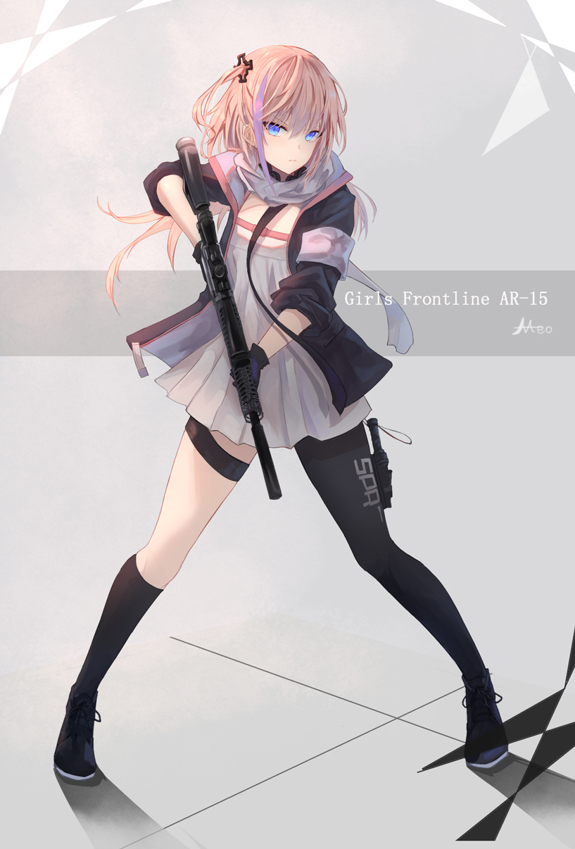 &gt;:( 1girl ar-15 armband artist_name asymmetrical_legwear bangs black_footwear black_gloves black_jacket black_legwear black_neckwear blue_eyes character_name closed_mouth clothes_writing copyright_name dress fighting_stance girls_frontline gloves grey_background grey_dress grey_scarf gun hair_between_eyes hair_ornament highres holding holding_gun holding_weapon holster jacket kneehighs legs_apart long_hair looking_at_viewer meo_(1271884559) multicolored_hair necktie object_namesake one_side_up open_clothes open_jacket orange_hair purple_hair rifle scarf shoes sleeves_pushed_up solo st_ar-15_(girls_frontline) streaked_hair thigh_holster thigh_strap weapon