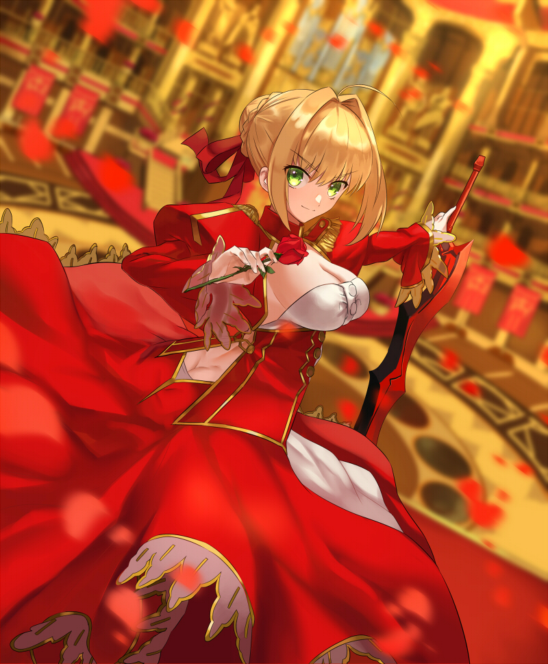 1girl aestus_domus_aurea aestus_estus ahoge ashiwara_yuu bangs blonde_hair blurry blurry_background blurry_foreground blush braid breasts cleavage closed_mouth commentary_request depth_of_field dress epaulettes eyebrows_visible_through_hair fate/extra fate_(series) green_eyes hair_between_eyes hair_bun hair_intakes hair_ribbon juliet_sleeves large_breasts long_sleeves looking_at_viewer looking_to_the_side nero_claudius_(fate) nero_claudius_(fate)_(all) petals puffy_sleeves red_dress red_ribbon ribbon sidelocks smile solo standing