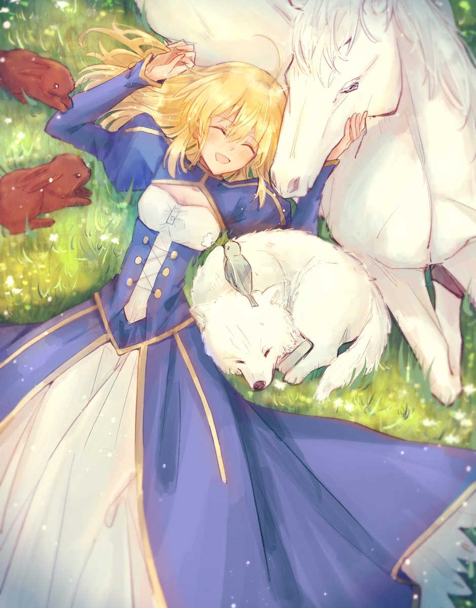 1girl ahoge animal animal_on_head artoria_pendragon_(all) bird bird_on_head blonde_hair blue_sleeves breasts cleavage closed_eyes day dog dress fate/stay_night fate_(series) from_above hair_between_eyes highres horse long_dress long_hair long_sleeves lying nayu_tundora on_back on_head open_mouth outdoors rabbit saber shiny shiny_hair small_breasts smile