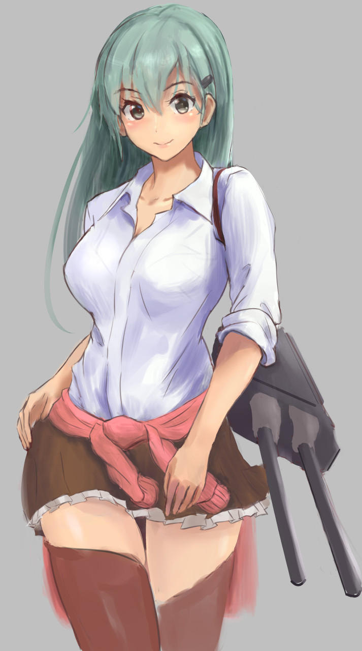 1girl aqua_eyes aqua_hair breasts brown_legwear brown_skirt cannon closed_mouth eyebrows_visible_through_hair grey_background hair_ornament hairclip haruto_(harut_n) highres kantai_collection large_breasts long_hair long_sleeves looking_at_viewer machinery pleated_skirt school_uniform shirt simple_background skirt smile solo suzuya_(kantai_collection) thigh-highs turret white_shirt