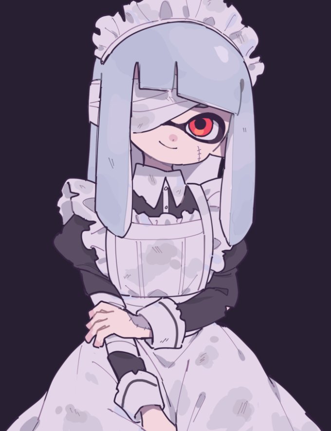 1girl apron bandage bandage_over_one_eye bangs blunt_bangs commentary_request dark_background gomi_(kaiwaresan44) grey_background halloween halloween_costume inkling long_hair looking_at_viewer maid maid_apron maid_headdress nintendo red_eyes scar silver_hair simple_background smile splatoon tentacle_hair torn_clothes