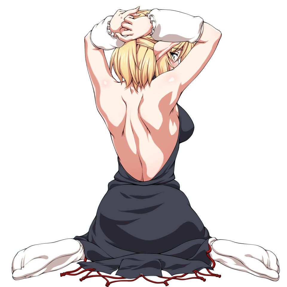 1girl arm_warmers arms_up ass backless_dress backless_outfit bare_back bare_shoulders black_dress blonde_hair blush breasts commentary_request dress from_behind full_body green_eyes half_updo looking_at_viewer looking_back medium_breasts mizuhashi_parsee ootsuki_wataru pointy_ears short_hair simple_background sitting socks solo touhou wariza white_background white_legwear