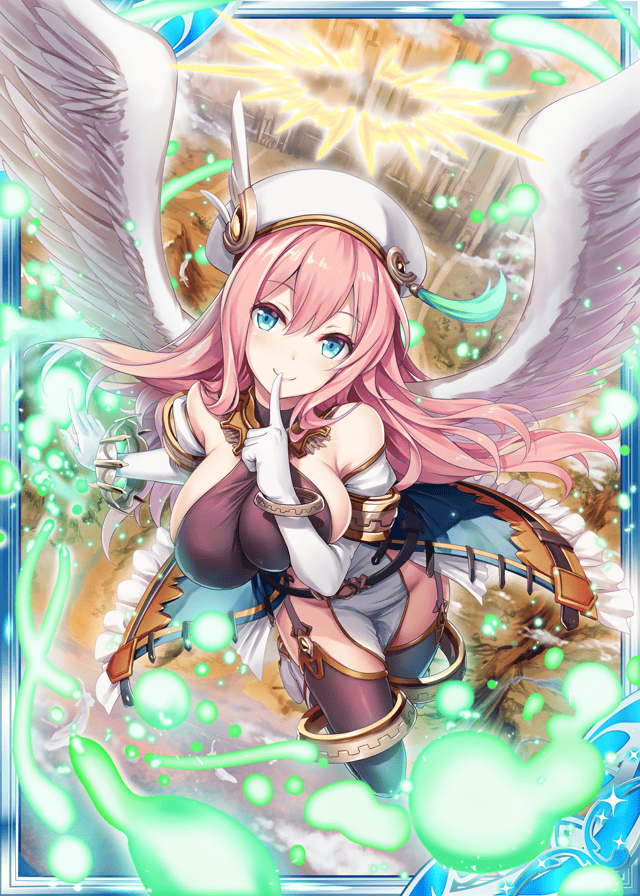 1girl akkijin angel angel_wings bare_shoulders blue_eyes breasts card_(medium) city cleavage finger_to_mouth flying gauntlets gloves halo hat hitodama large_breasts looking_at_viewer official_art pink_hair shinkai_no_valkyrie thigh-highs white_gloves wings