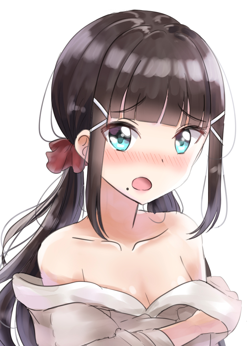 1girl :o bangs bare_shoulders blunt_bangs blush breasts brown_hair brown_jacket cleavage collarbone commentary_request eyebrows_visible_through_hair hair_ornament hair_ribbon hairclip jacket kurosawa_dia long_hair long_sleeves looking_at_viewer love_live! love_live!_sunshine!! mole mole_under_eye nose_blush off_shoulder open_mouth red_ribbon ribbon sidelocks simple_background sin_(sin52y) small_breasts solo upper_body white_background
