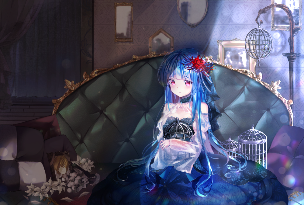 1girl bangs bare_shoulders birdcage blue_hair blue_skirt blush cage closed_mouth couch curtains eyebrows_visible_through_hair flower glint gothic_lolita hair_flower hair_ornament indoors juliet_sleeves lolita_fashion long_hair long_sleeves miyo_(user_zdsp7735) on_couch original photo picture_frame pillow puffy_sleeves red_flower see-through shirt sitting skirt sleeves_past_wrists solo spider_lily very_long_hair violet_eyes white_flower white_shirt