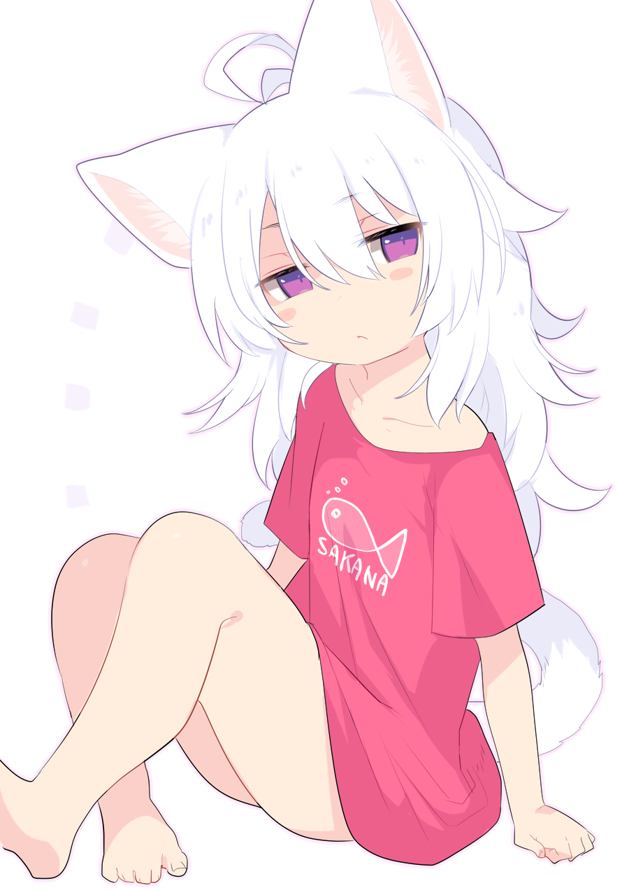 1girl animal_ear_fluff animal_ears antenna_hair arm_support bangs bare_legs barefoot blush_stickers cat_ears cat_girl cat_tail closed_mouth collarbone eyebrows_visible_through_hair full_body hair_between_eyes head_tilt highres long_hair mofuaki original red_shirt shirt short_sleeves simple_background sitting solo tail toenails violet_eyes white_background white_hair