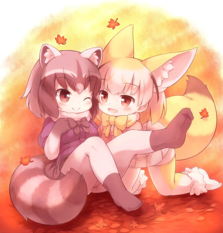 2girls animal_ear_fluff animal_ears bangs black_hair black_neckwear blonde_hair blouse blue_blouse blush bow bowtie brown_eyes common_raccoon_(kemono_friends) extra_ears eyebrows_visible_through_hair fennec_(kemono_friends) fox_ears fox_tail fur_collar kemono_friends leaf leg_up matsuu_(akiomoi) medium_hair multicolored_hair multiple_girls one_eye_closed open_mouth pink_sweater pleated_skirt raccoon_ears raccoon_tail shoes_removed sitting skirt smile sweater tail thigh-highs white_hair white_legwear white_skirt yellow_legwear yellow_neckwear zettai_ryouiki