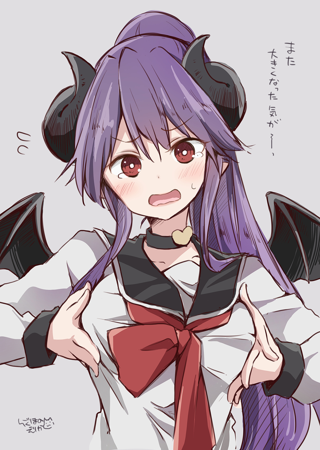 1girl bangs black_choker black_sailor_collar black_wings blush breasts chikanoko choker collarbone commentary_request curled_horns demon_girl demon_horns demon_wings eyebrows_visible_through_hair flying_sweatdrops grey_background hair_between_eyes head_tilt heart high_ponytail highres horns large_breasts long_hair long_sleeves naito_mare open_mouth pointy_ears purple_hair ragho_no_erika red_eyes red_neckwear sailor_collar school_uniform serafuku shirt sidelocks signature solo tears translated very_long_hair white_shirt wings