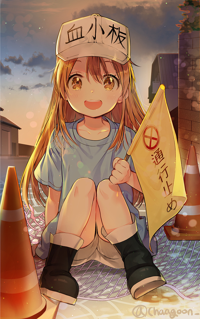 1girl :d black_footwear blonde_hair blue_shirt boots brown_eyes chagoon character_name collarbone flag hair_between_eyes hat hataraku_saibou holding holding_flag long_hair looking_at_viewer open_mouth outdoors platelet_(hataraku_saibou) shirt short_shorts short_sleeves shorts sitting smile solo twitter_username very_long_hair white_hat