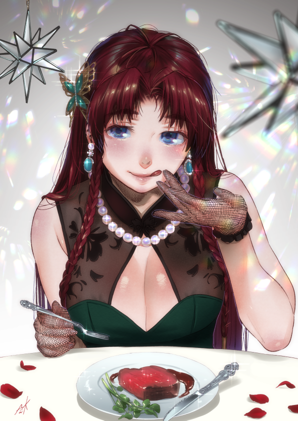 1girl aqua_earrings bangs bare_shoulders black_gloves blue_eyes braid breasts butterfly_hair_ornament cleavage cleavage_cutout commentary_request dress earrings eating fishnet_gloves fishnets food fork gloves gradient gradient_background green_dress grey_background hair_ornament holding holding_fork hong_meiling jewelry kamiyama_aya licking_lips long_hair looking_at_viewer necklace ornament parted_bangs pearl_necklace petals pink_lips pov redhead reflective_eyes rose_petals shiny shiny_hair shiny_skin signature sitting sleeveless sleeveless_dress solo sparkle steak table tablecloth tongue tongue_out touhou twin_braids upper_body very_long_hair