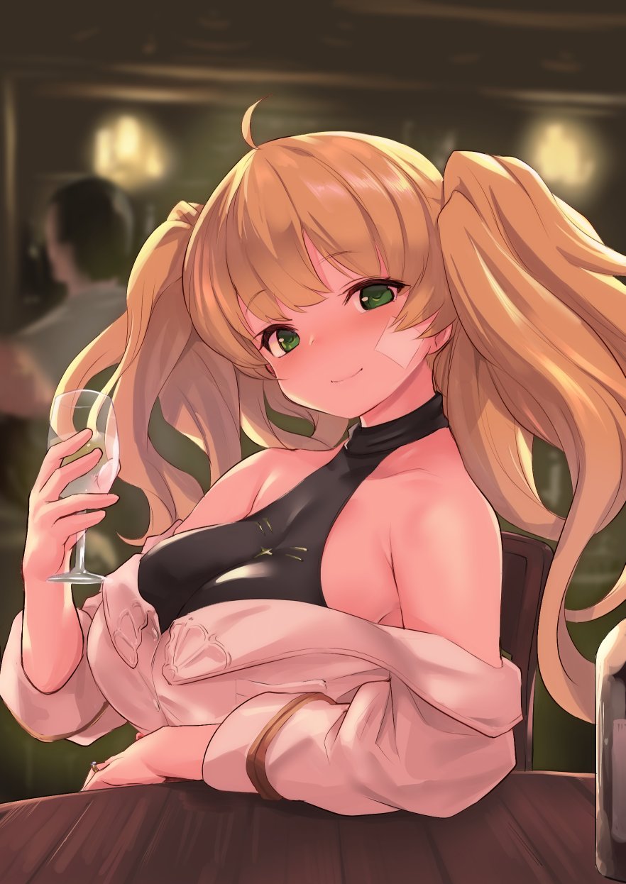 1boy 1girl bandaid bandaid_on_face bangs bare_shoulders blonde_hair blurry blurry_background blush breasts chair closed_mouth commentary_request cup drinking_glass eyebrows_visible_through_hair glass_bottle granblue_fantasy green_eyes highres indoors jewelry kztk large_breasts lips long_hair monica_weisswind ring shiny shiny_hair sitting table twintails
