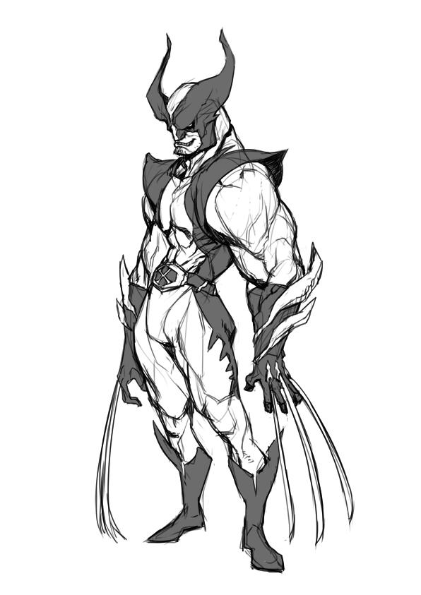 1boy belt boots claw_(weapon) claws gloves golimao greyscale male_focus marvel mask monochrome muscle sketch smile veins weapon white_background wolverine x-men
