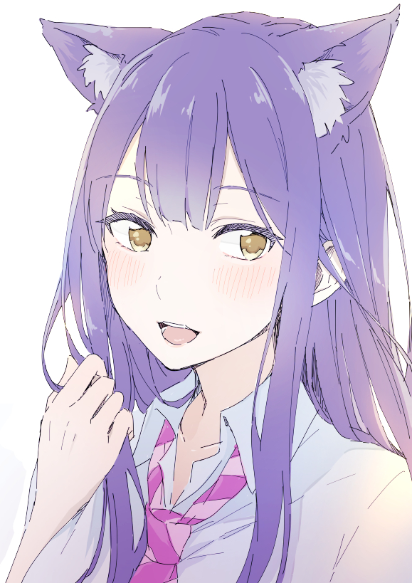 1girl alternate_hair_length alternate_hairstyle animal_ear_fluff animal_ears bangs blonde_hair cat_ears collared_shirt long_hair necktie nijisanji pink_neckwear purple_hair shirt shizuka_rin sidelocks simple_background solo striped_neckwear teti upper_body upper_teeth virtual_youtuber white_background white_shirt wing_collar