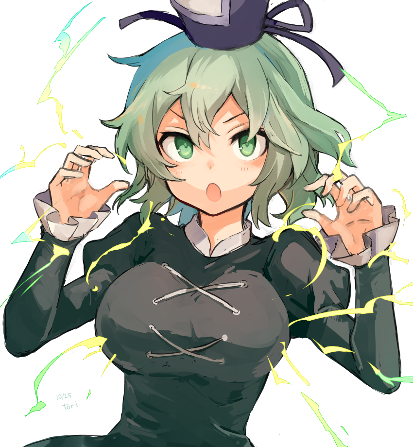 :o artist_name breasts dated dress electricity frilled_sleeves frills green_dress green_eyes green_hair hands_up hat long_sleeves looking_at_viewer open_mouth puffy_sleeves short_hair soga_no_tojiko tate_eboshi tori_(10ri) white_background