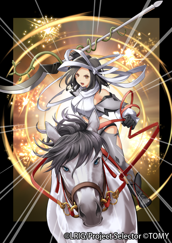 &gt;:o 1girl animal black_gloves black_hair blue_eyes breasts brown_eyes company_name gloves grey_legwear holding holding_polearm holding_weapon horseback_riding i-la looking_at_viewer medium_breasts medium_hair official_art reins riding simple_background weapon wixoss
