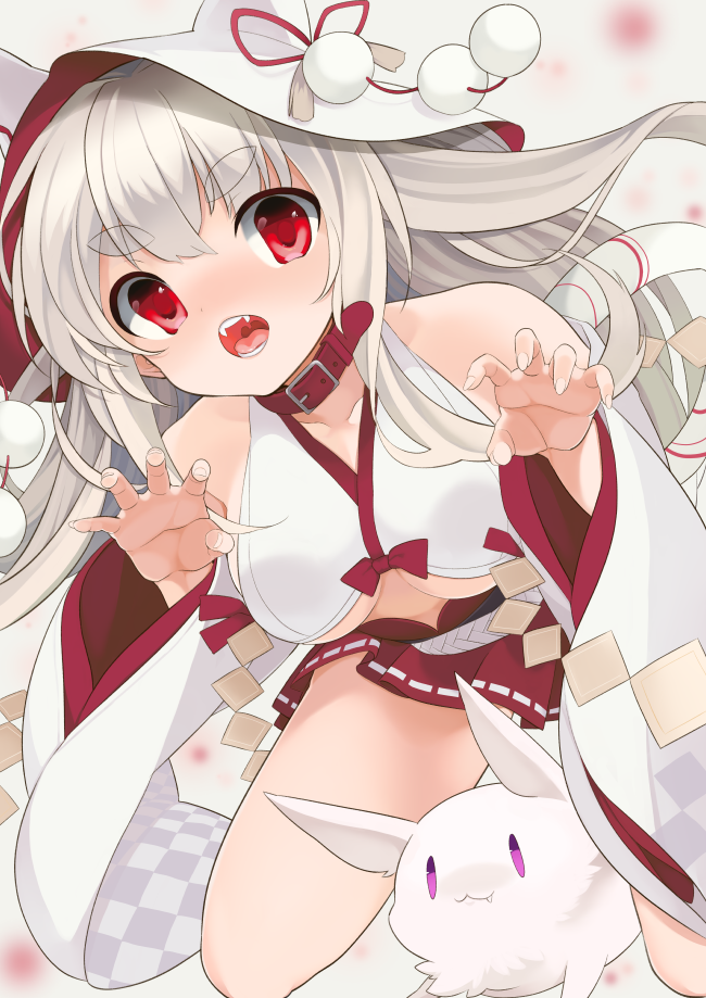 azur_lane belt_collar creature dress fangs gyusukiudon japanese_clothes kimono open_mouth red_eyes thick_eyebrows wedding_dress white_hair yuudachi_(azur_lane)