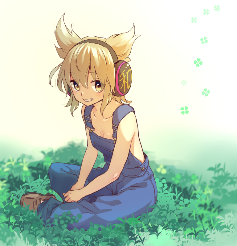 1girl alternate_costume alternate_footwear backlighting bangs bare_arms bare_shoulders beige_background blonde_hair blush breasts brown_footwear cleavage clover collarbone earmuffs eyebrows_visible_through_hair eyes_visible_through_hair four-leaf_clover gradient gradient_background grass grin hair_between_eyes looking_at_viewer makuwauri naked_overalls overalls own_hands_together pointy_ears reflective_eyes shiny shiny_hair shoes short_hair sitting sitting_on_ground small_breasts smile solo touhou toyosatomimi_no_miko white_background yellow_eyes