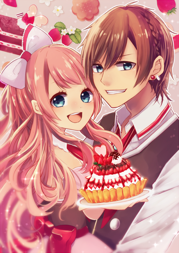 1boy 1girl :d blue_eyes bow braid brown_hair cookie dessert failnaught-em food fruit hair_bow looking_at_viewer open_mouth original pink_hair plate red_bow red_neckwear short_hair smile strawberry