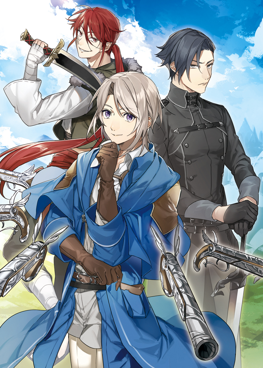 3boys belt black_gloves black_hair blue_sky brown_eyes brown_gloves clouds copyright_request dirty_face gloves grey_eyes gun highres knife leg_wrap long_hair looking_at_viewer male_focus multiple_boys official_art outdoors pocket ponytail redhead sando_(310_sand) silver_hair sky smile very_long_hair violet_eyes weapon